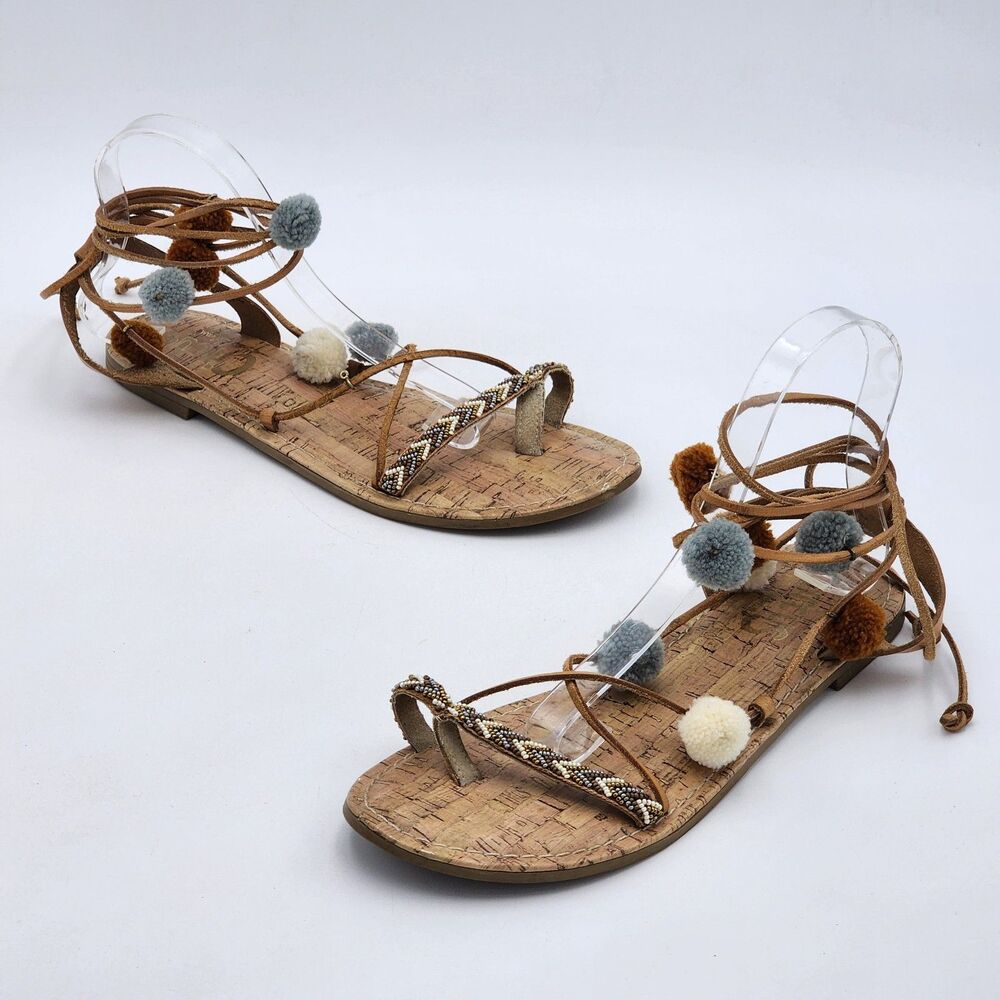 Circus by Sam Edelman Boho Gladiator Wrap Pom Pom Leather Beaded Sandals Size 10
